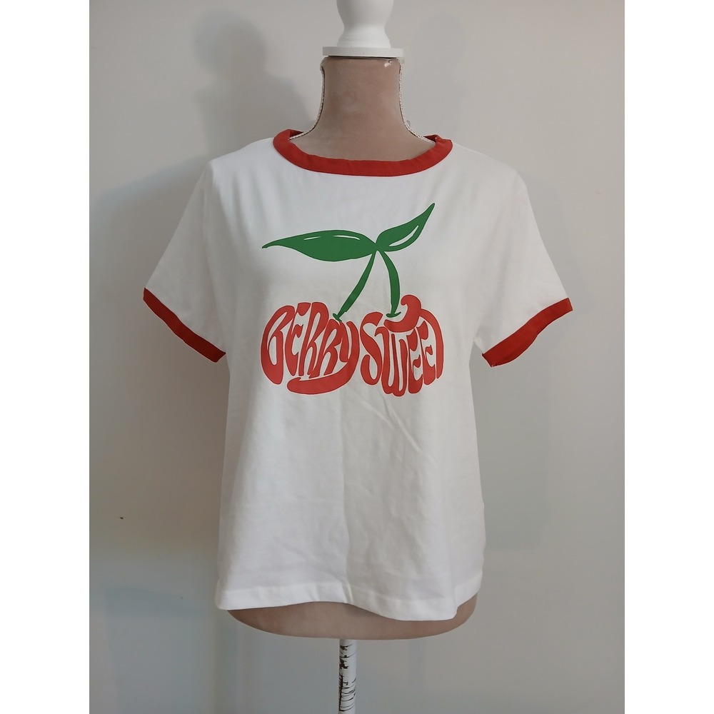 Nasty Gal Cherry Graphic Ringer Baby T-shirt White Red XL New Berry Sweet